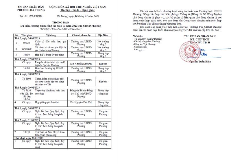 chương trình công tác tuần 03 của UBND phường Hà Trung từ ngày 16/01 đến ngày 22/01/2023