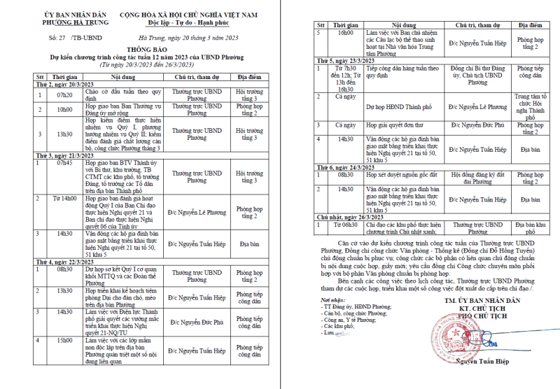 dự kiến chương trình công tác tuần 12 của UBND phường Hà Trung từ ngày 20/3 đến ngày 26/3/2023