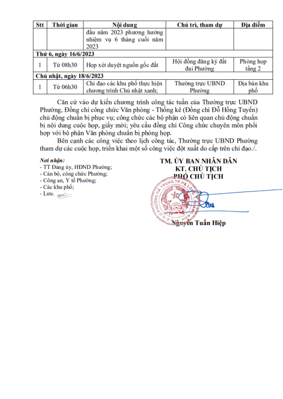 Dự kiến lịch công tác tuần 24 của UBND phường Hà Trung