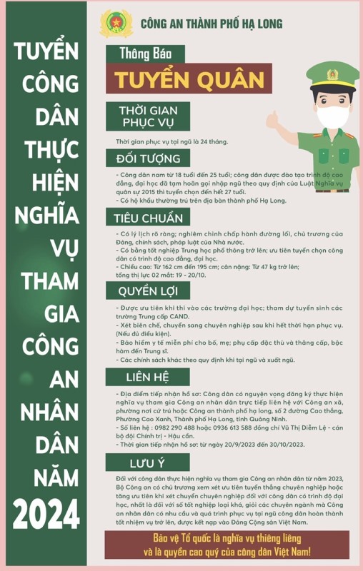 Thông báo tuyển công dân thực hiện nghĩa vụ tham gia CAND năm 2024