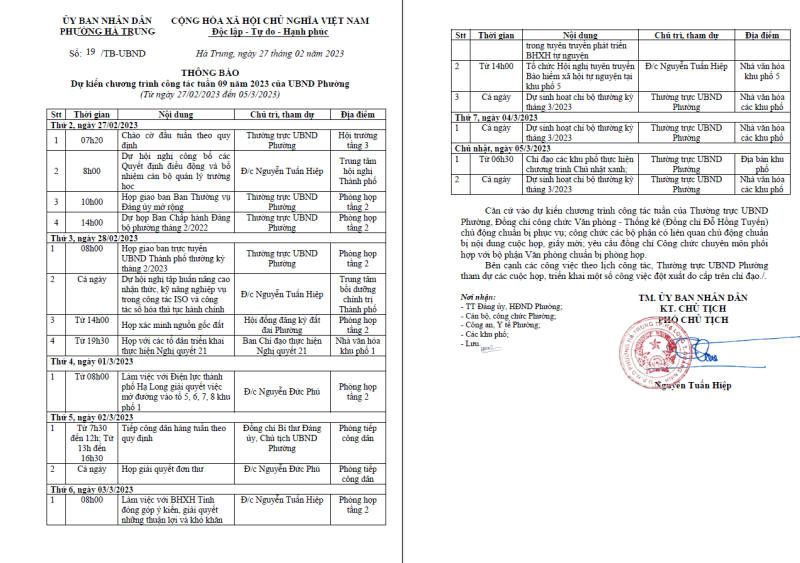Thông báo dự kiến chương trình công tác tuần 09 năm 2023 của phường Hà Trung