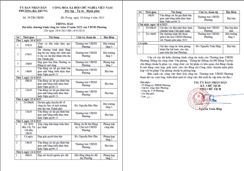 Thông báo dự kiến chương trình công tác tuần 15 năm 2023 của phường Hà Trung