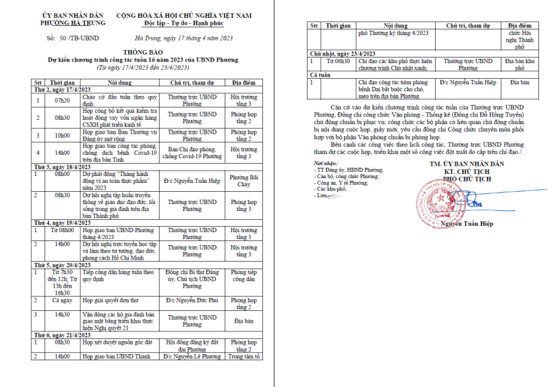 Dự kiến chương trình công tác tuần 16 của UBND phường Hà Trung từ ngày 17/4 đến ngày 21/4/2023
