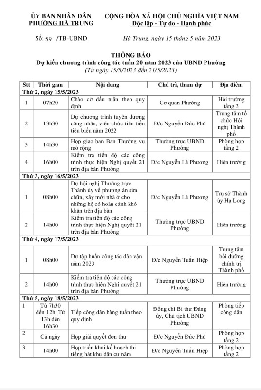 Thông báo dự kiến lịch công tác tuần thứ 20 của UBND phường Hà Trung từ ngày 15/5/2023 đến ngày 21/5/2023 .